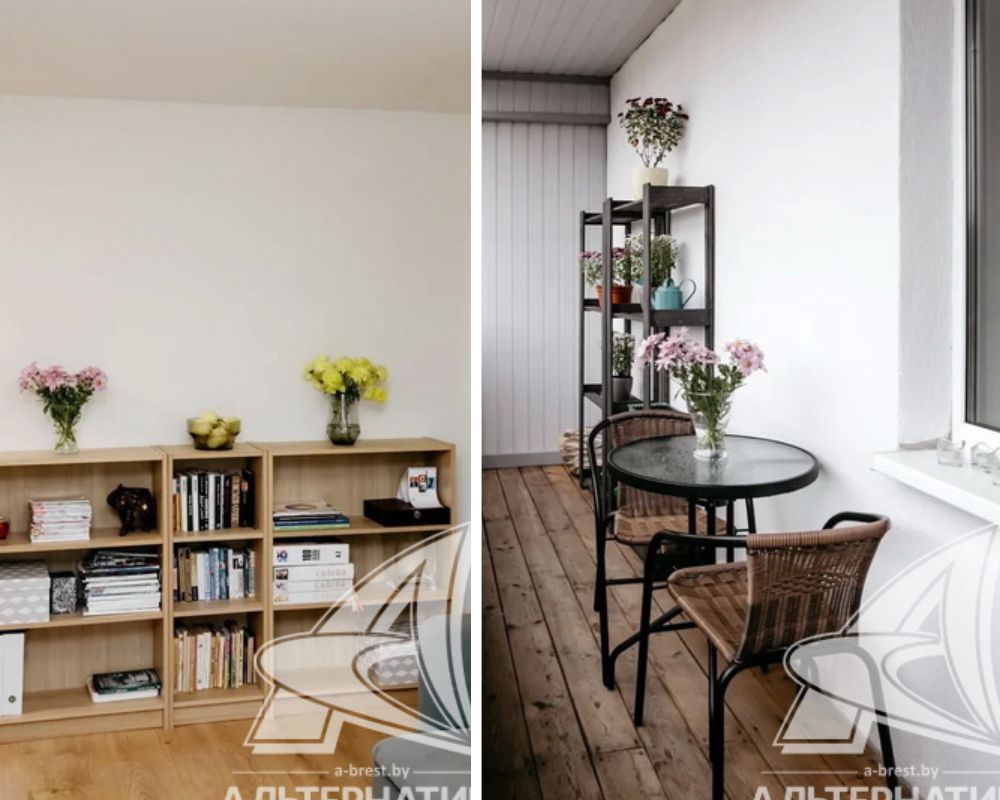 Цветы и предметы интерьера в одной из комнат и на балконе.