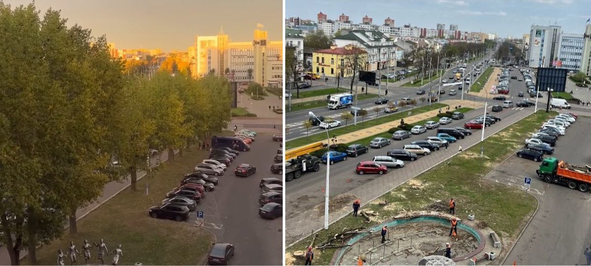 В Бресте возле гостиницы «Интурист» спилили деревья. Коллаж BGmedia