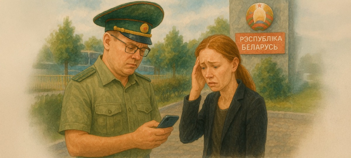 Пограничник проверяет телефон девушки на границе. Коллаж BGmedia