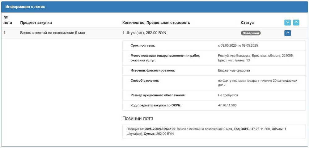 Тендер Администрации Ленинского района Бреста на венок с лентой. Скриншот сайта госзакупок