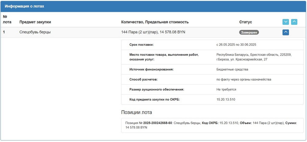 Тендер Березовского райисполкома на мужские берцы. Скриншот сайта госзакупок