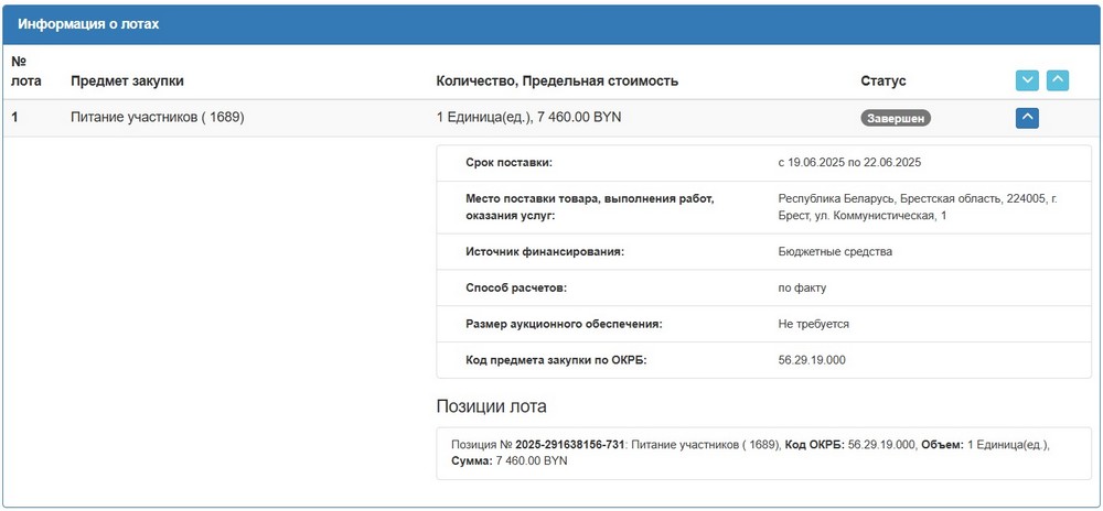 Тендер на питание участников мероприятий к 22 июня в Бресте. Скриншот сайта госзакупок