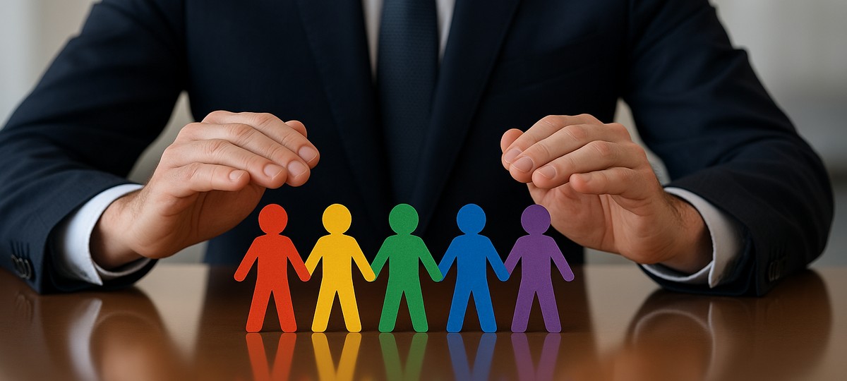 Человек в деловом костюме бережно прикрывает руками фигурки людей цветов радуги, символизирующие поддержку и защиту ЛГБТК+ сообщества в профессиональной среде.