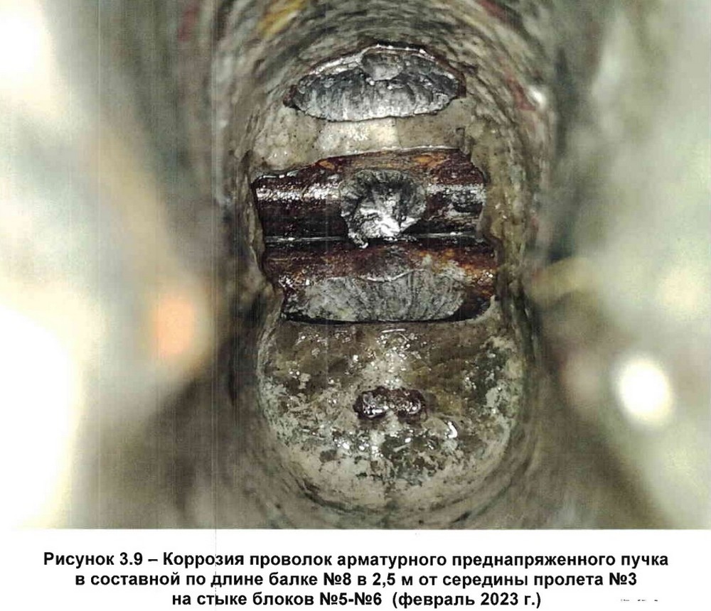 Коррозиция проволок в балке пролета моста через Мухавец в Бресте. Фото из отчета «БелдорНИИ»