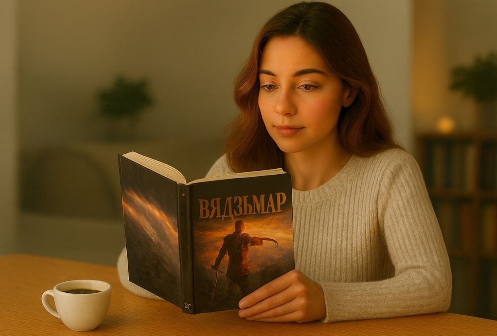 Я замовіла ўсе чатыры кнігі. Маладая дзяўчын сядзіцб за сталом і чытае кнігу "Вядзьмар"ю