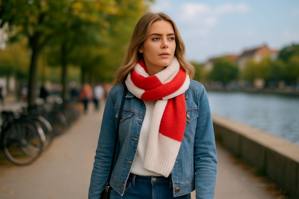 Маладая прыгожая дзяўчына ідзе па наберажнай Віслы. На шыі ў яе бела-чырвона-белы шалік