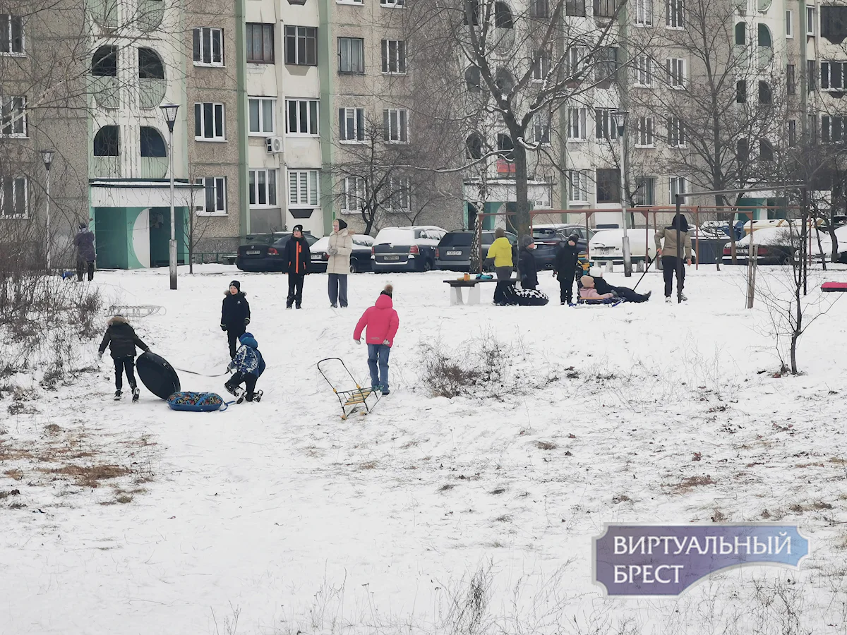 Дети катаются на санках и тюбингах в одном из дворов Бреста.