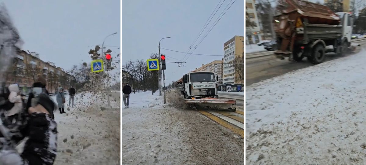 В Бресте снегоуборочная машина засыпала людей снегом. Коллаж BGmedia