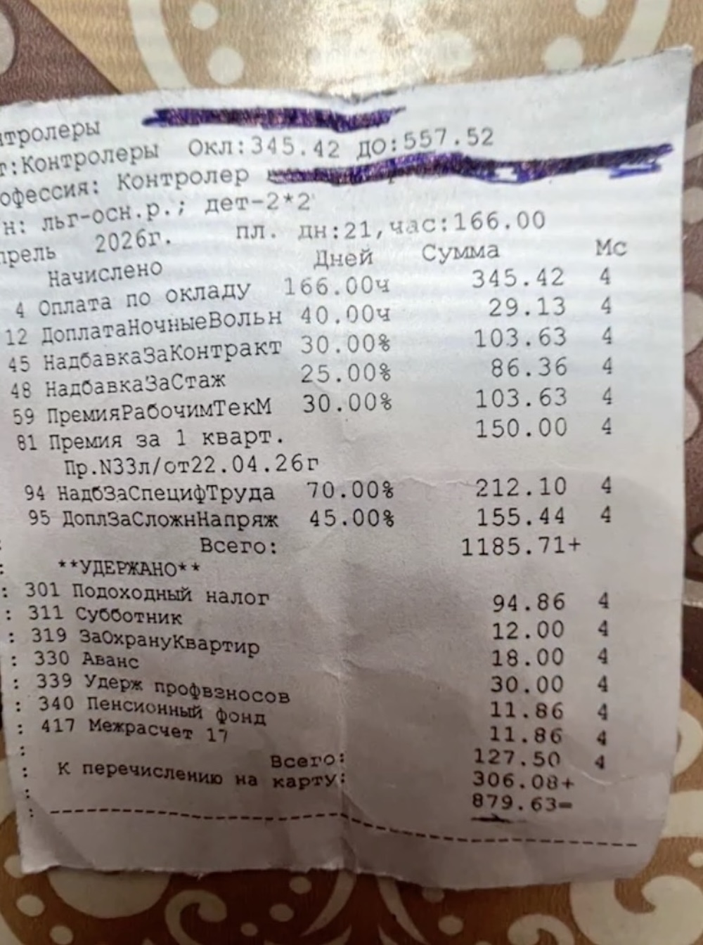 Скриншот расчетного листа