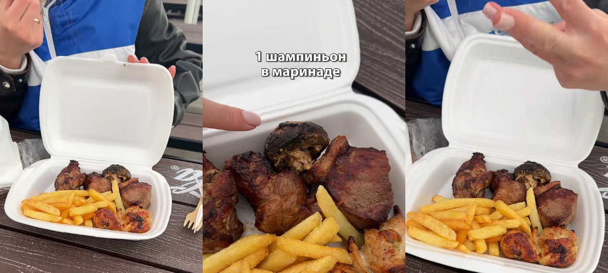 шашлык с картошкой фри и грибом в пластиковом контейнере