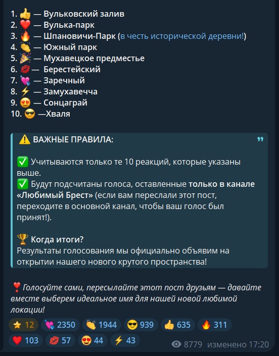 Скриншот поста Брестского горисполкома, где надо было проголосовать за название