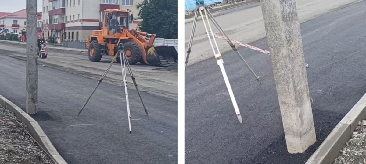 Столб посреди нового асфальта в Калинковичах